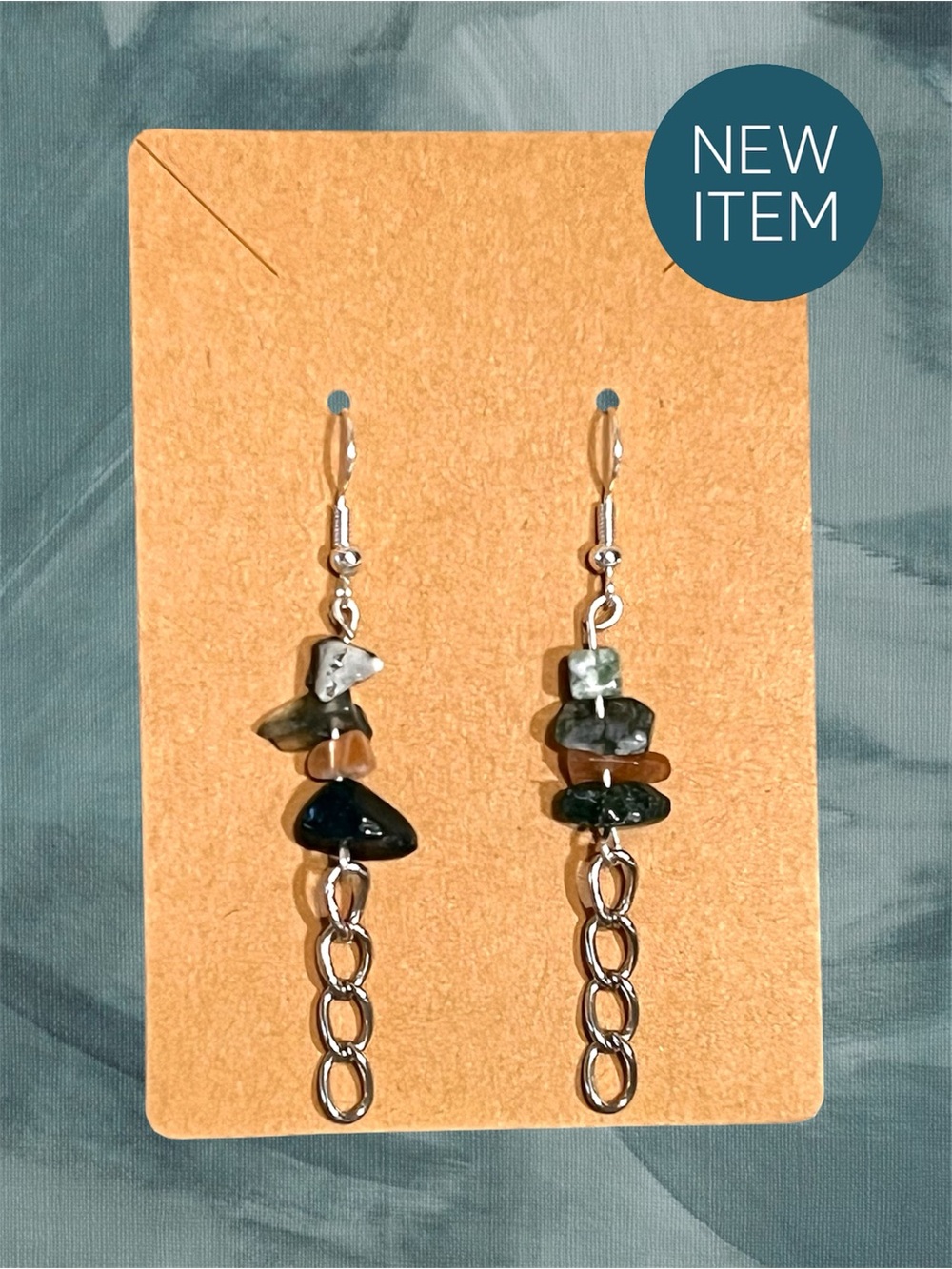 New Handmade Moss Agate and Carnelian Chip Silver Tone Dangle Earrings